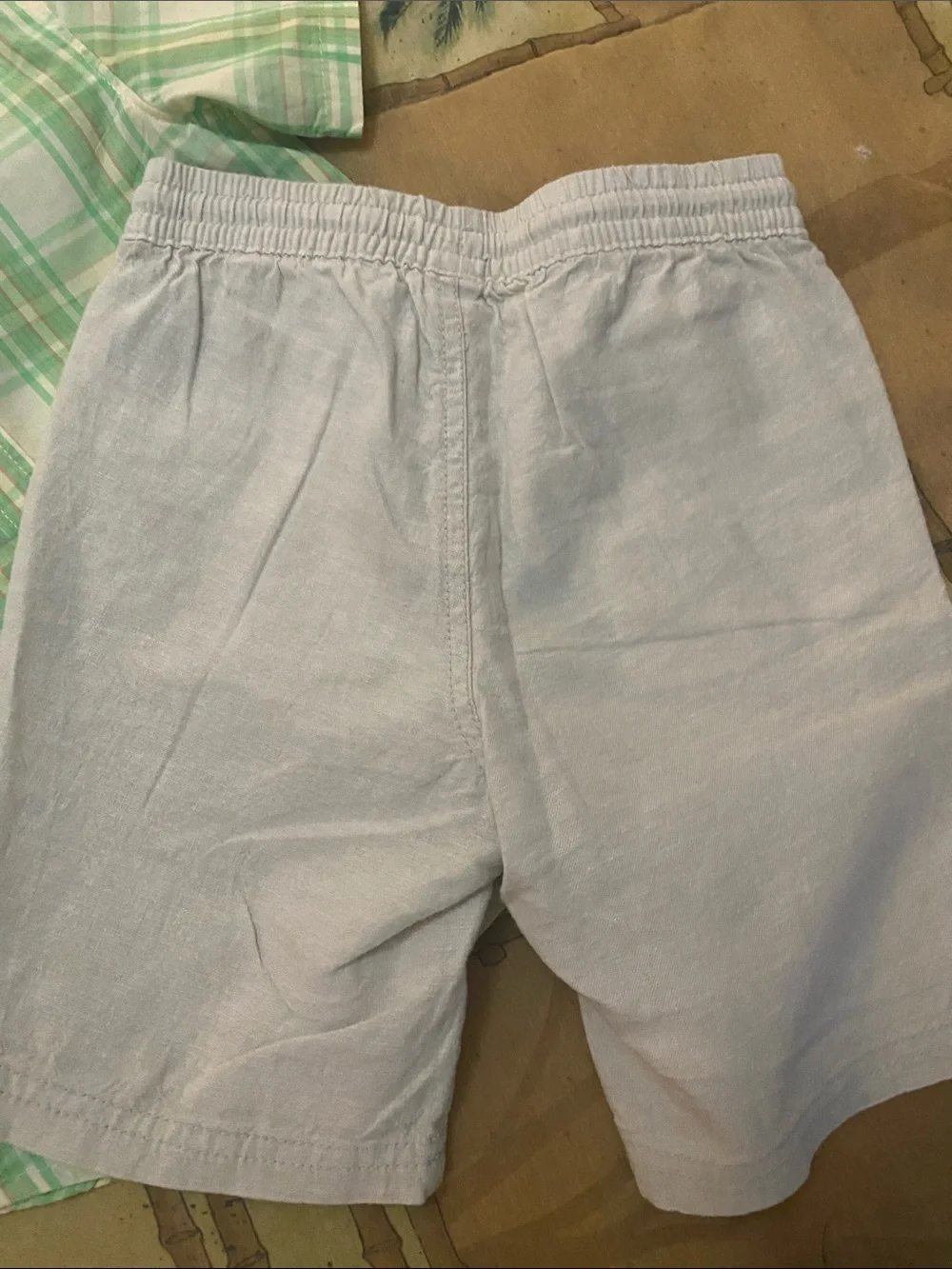 Old Navy Light Green Plaid Shirt with Cream Shorts and Blue Bow Tie